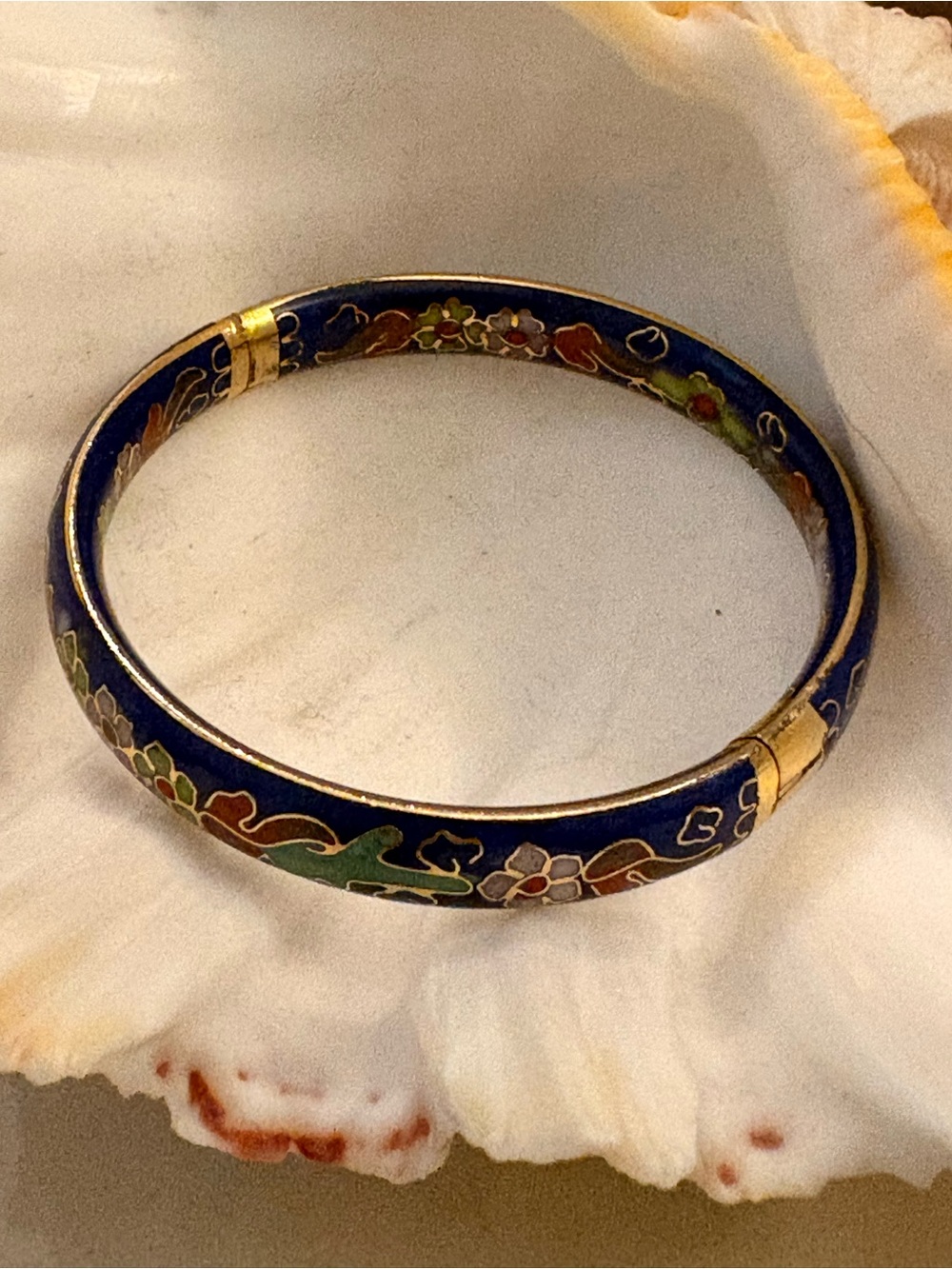 Blue Floral Cloisonné Hinged Bangle Bracelet - Elegant Enamel Jewelry